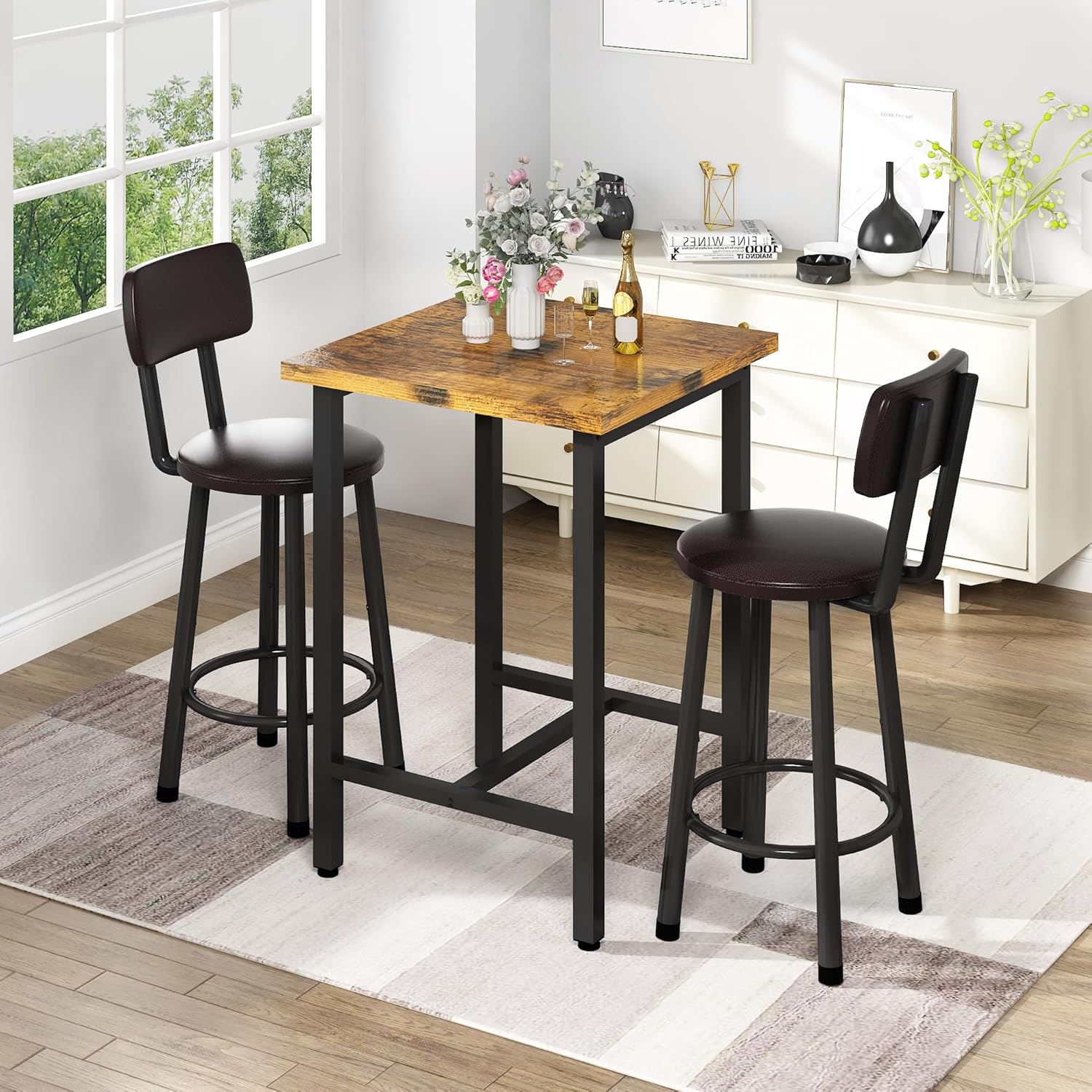 3 Piece Pub Dining Set, 24" Dining Table Set with 2 PU Leather Upholstered Stools, Square Small Space Kitchen Table Pub Set for Apartment Dining Room, Living Room