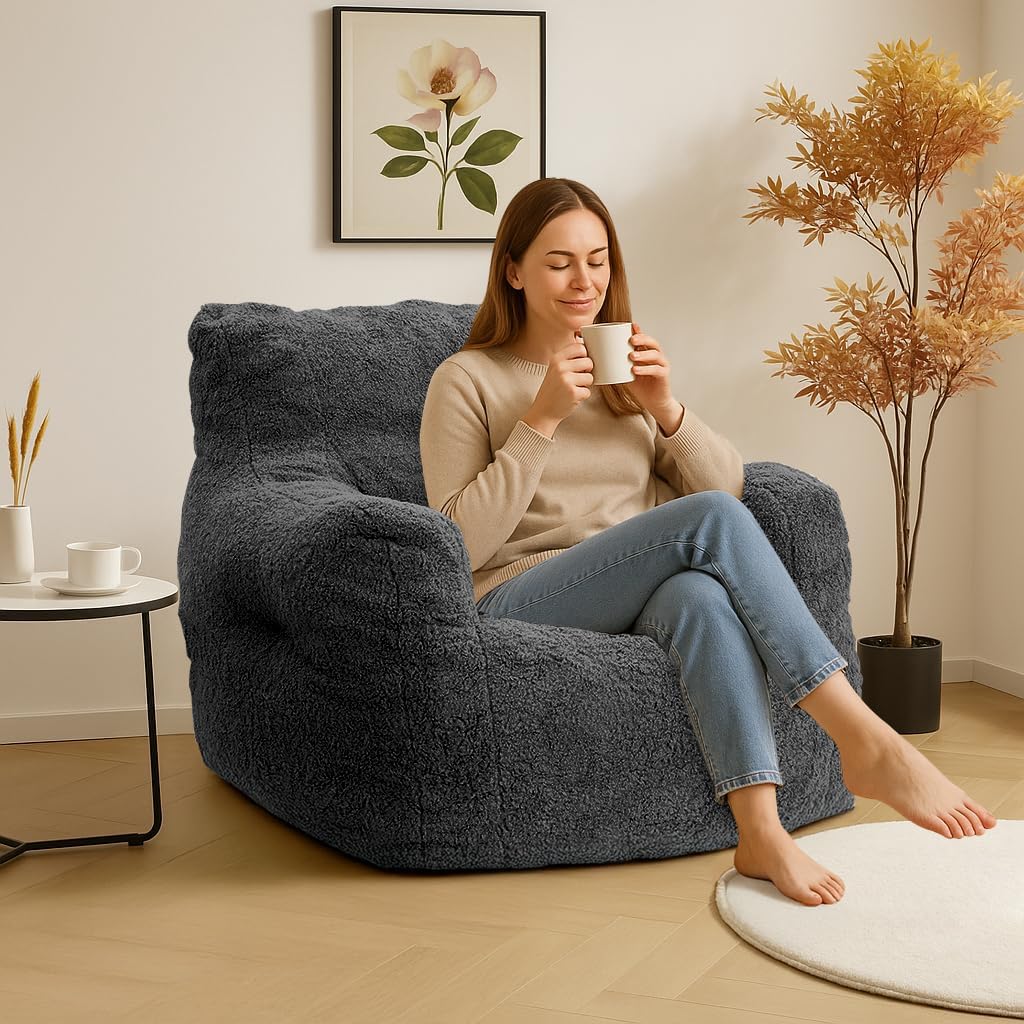 LinkRomat Bean Bag Chair, Bean Bag Sofa with Tufted Soft Stuffed Filling, Fluffy and Lazy Sofa with Premium Memory Foam Filler for Living Room, Bedroom, Dorm