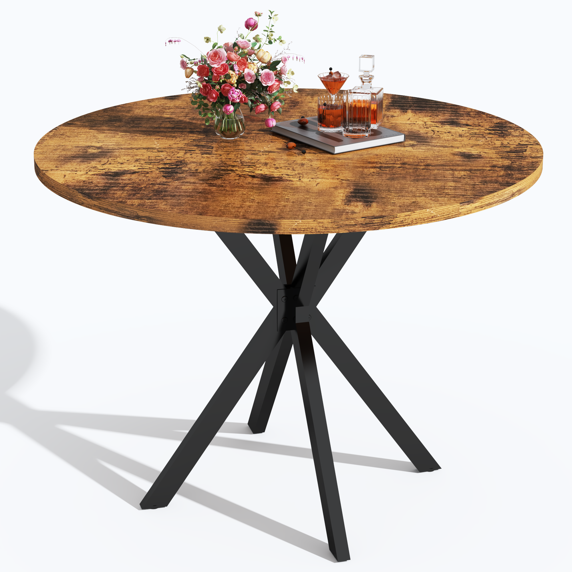 LinkRomat Mid-Century Round Kitchen Table, 39" Leisure Dining Table with 1.18" Thick Top & Black Metal Legs for 4–5 People, Walnut