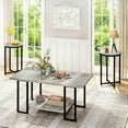 LinkRomat 3-Pieces Coffee Table Set, Modern Faux Marble Coffee Table with 2 Round End Side Tables, Living Room Table Set with Metal Frame for Apartment Home Office, White