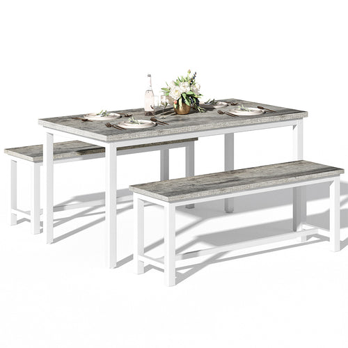 LinkRomat 3 Piece Dining Room Table Set for 4, 47" Farmhouse Dining Table with Benches, Rectangular Kitchen Sets for Small Space, Apartment, Restaurant, Grey & Black