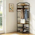 LinkRomat 4-Tier Corner Hall Tree with Hooks and Shoe Storage, Industrial Entryway Coat Rack with Bench, Rustic Wood and Metal Organizer for Small Spaces