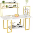 LinkRomat End Table Set of 3, Modern Faux Marble Round Tabletop & 2 Rectangular Sofa/Side/End Tables, Living Room & Office Metal Frame Set