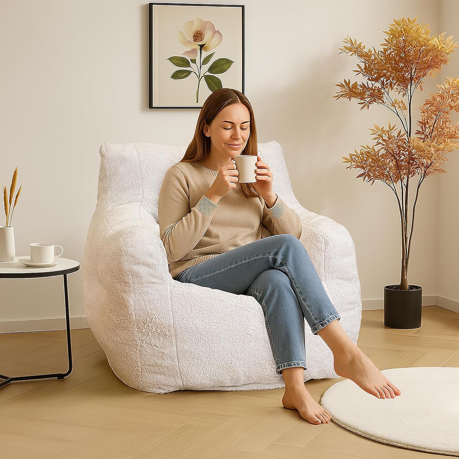 LinkRomat Bean Bag Chair, Bean Bag Sofa with Tufted Soft Stuffed Filling, Fluffy and Lazy Sofa with Premium Memory Foam Filler for Living Room, Bedroom, Dorm
