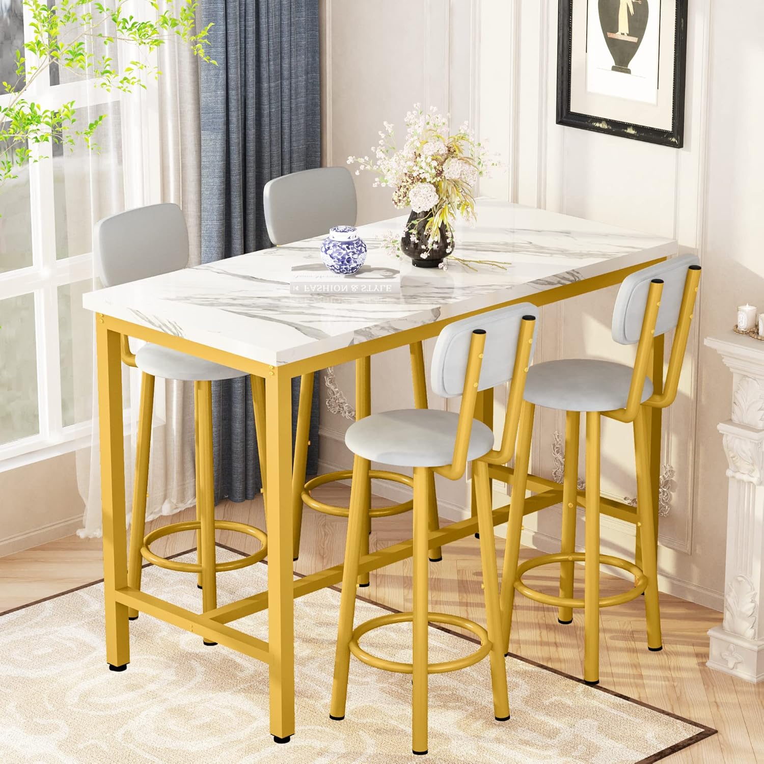 LinkRomat Modern Dining Table Set for 4,Artificial Marble Surface with 4 PU Cushioned Chairs,bar high table and chair sets,White