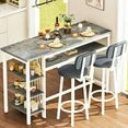 LinkRomat Bar Table and Chairs Set for 2, Marble Kitchen Island Table with 2 PU Bar Stools, Tall Kitchen Table and Chairs with Storage for Small Spaces, Home & Apartment, White