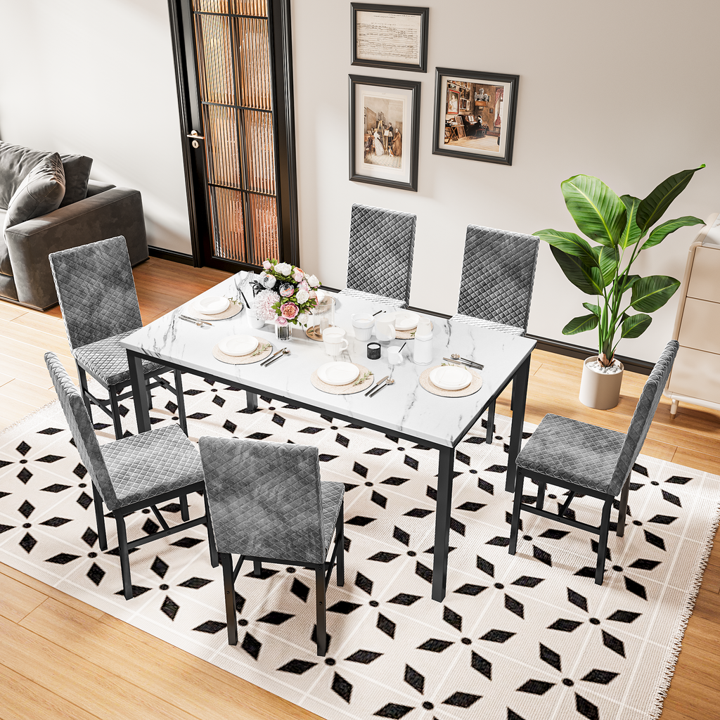 LinkRomat Modern 7 Piece Dining Room Sets for 6, Table Dining Set for 6, Faux Marble Kitchen Table PU Leather Chair for Apartment, Dining Room