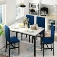 LinkRomat 5-Piece Dining Table Sets, Modern Faux Marble Tabletop & 4 Velvet Chairs, Space Saving Kitchen Table Set for Small Spaces, Dining Room, Kitchen, White & Blue