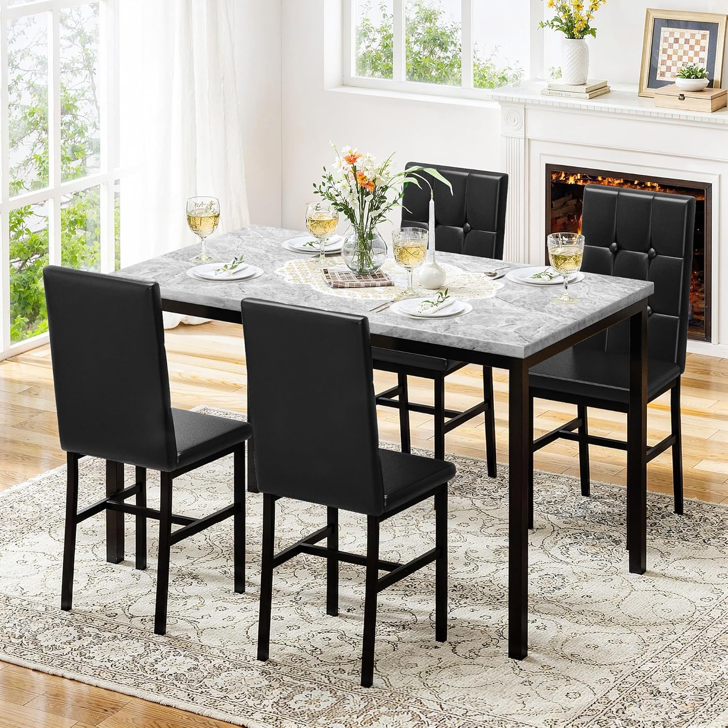 LinkRomat Modern Dining Table Set, Grey Faux Marble Rectangular Table Set and 4 Black PU Cushion Chairs, Dining Room Home Furniture for Small Space
