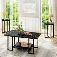 LinkRomat 3-Pieces Coffee Table Set, Modern Faux Marble Coffee Table with 2 Round End Side Tables, Living Room Table Set with Metal Frame for Apartment Home Office, White