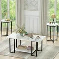 LinkRomat 3-Pieces Coffee Table Set, Modern Faux Marble Coffee Table with 2 Round End Side Tables, Living Room Table Set with Metal Frame for Apartment Home Office, White