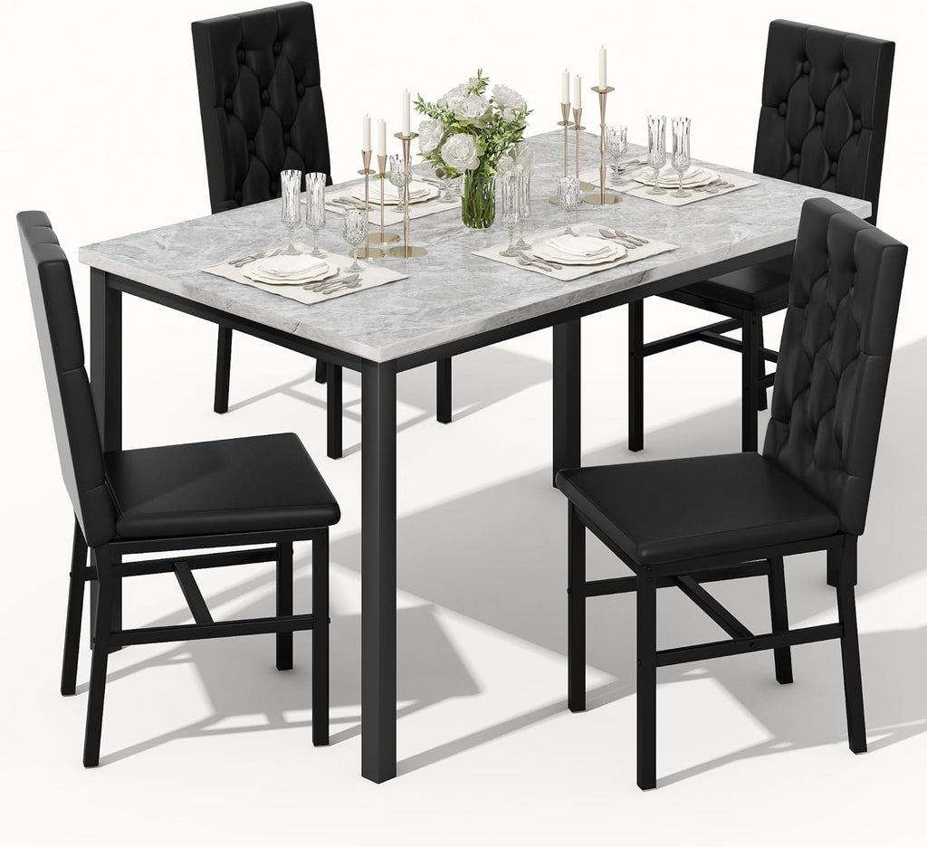 LinkRomat Dining Table Set for 4, Faux Marble Kitchen Table and Chairs, 5 Piece Small Dining Room Set with Button Tufted Upholstered Chairs