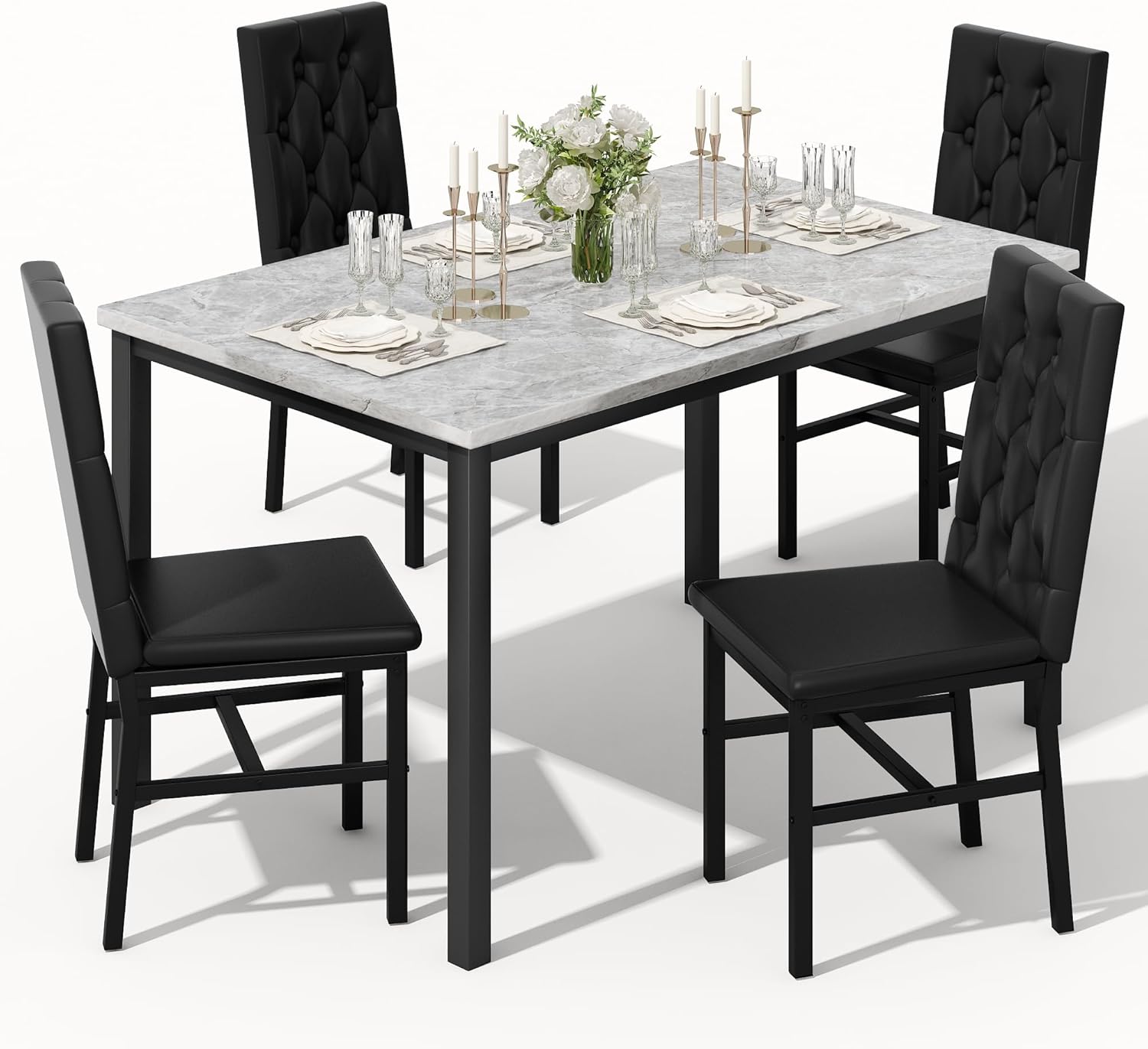 LinkRomat Dining Table Set for 4, Faux Marble Kitchen Table and Chairs, 5 Piece Small Dining Room Set with Button Tufted Upholstered Chairs