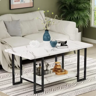 LinkRomat Modern Coffee Table, 40" Faux Marble Top Rectangular Coffee Table with Black Metal Frame, 2 Tier Living Room Table for Living Room, Office, Balcony, White
