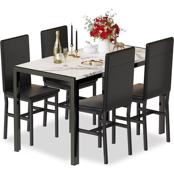 Cvortll 5 Piece Dining Room Furniture Table Set，30.1” H Faux Marble Tabletop and 4 PU Leather Chairs