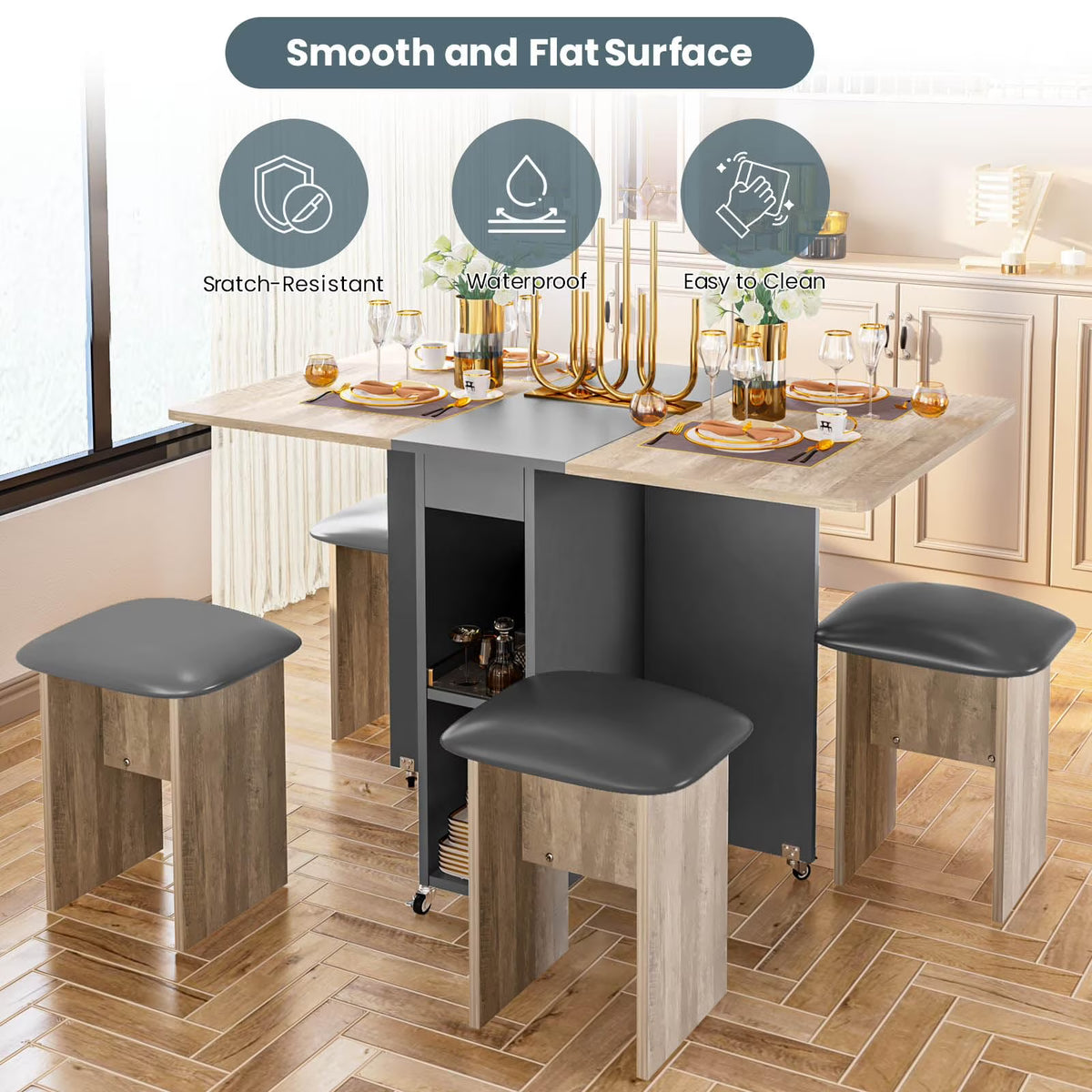 MOOSENG Folding Dining Table Set for 4, Dinner Table with 4 Leather Chairs and Shelves, Space Saving Foldable Dining Table with 6 Wheels, Kitchen Table Set for Small Spaces