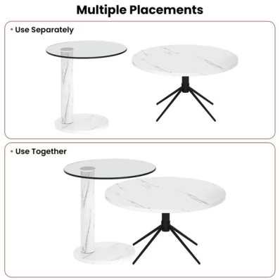 LinkRomat 2-Piece Round Coffee Table Set，Modern Marble & Glass Tops with Metal Legs for Living Room, Bedroom, Balcony