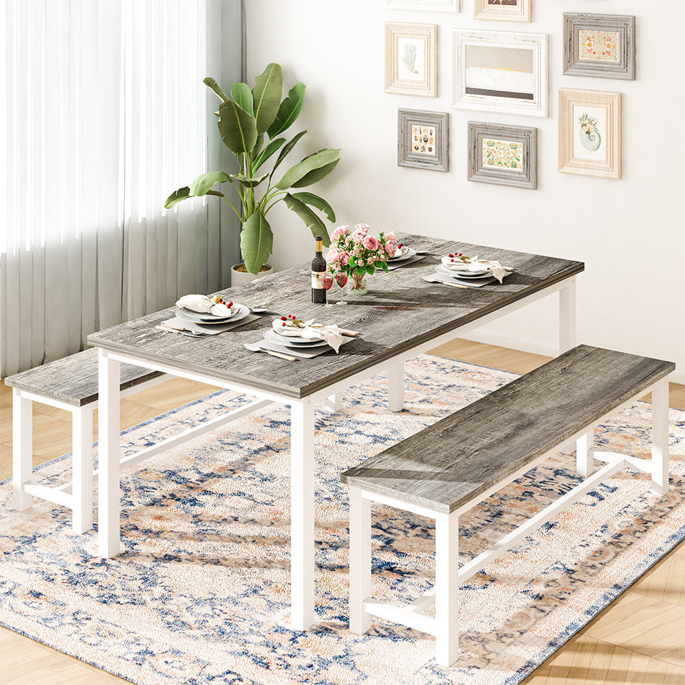 LinkRomat 3 Piece Dining Room Table Set for 4, 47" Farmhouse Dining Table with Benches, Rectangular Kitchen Sets for Small Space, Apartment, Restaurant