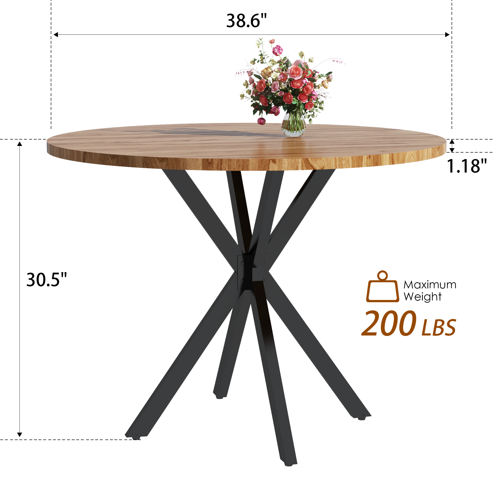 LinkRomat Mid-Century Round Kitchen Table, 39" Leisure Dining Table with 1.18" Thick Top & Black Metal Legs for 4–5 People, Walnut