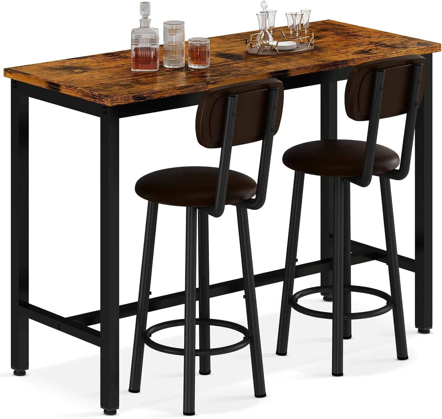 3 Piece Pub Dining Set, 24" Dining Table Set with 2 PU Leather Upholstered Stools, Square Small Space Kitchen Table Pub Set for Apartment Dining Room, Living Room