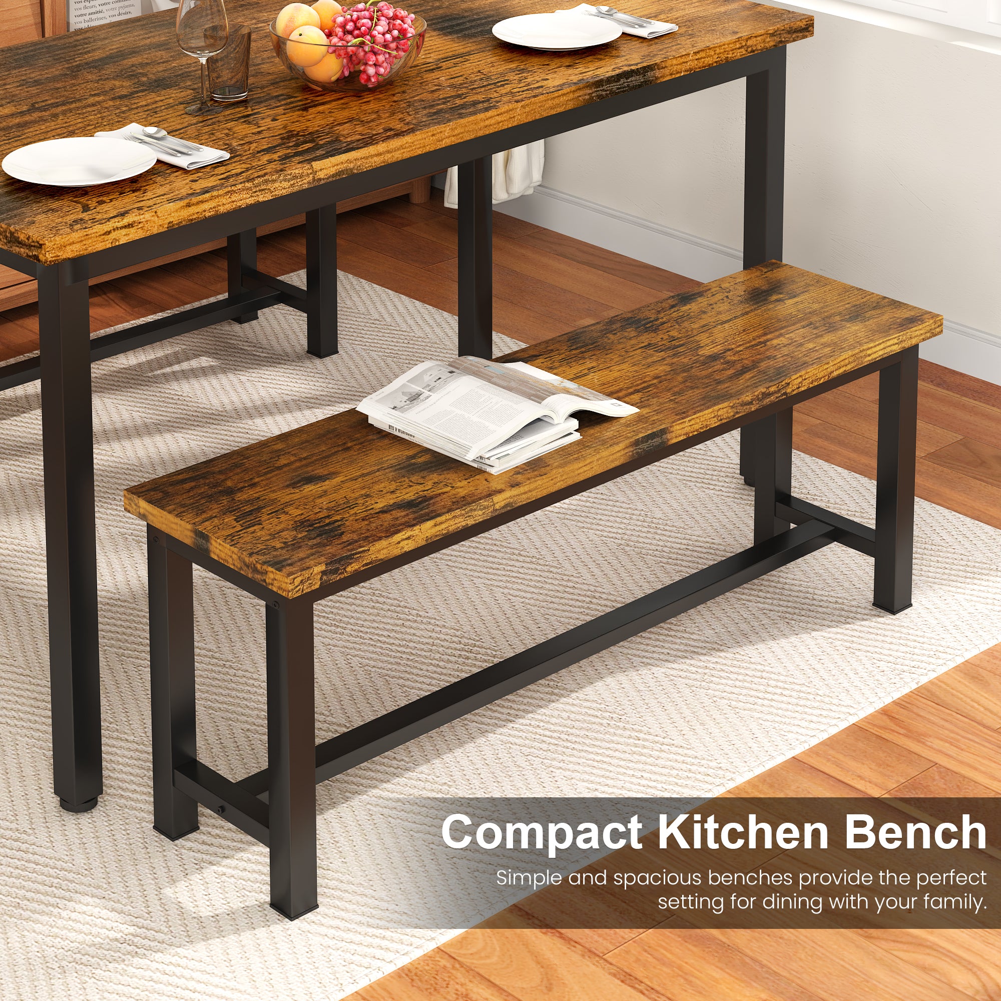 LinkRomat Dining Benches Set of 2, 39" Breakfast Nook Benches with Metal Legs, Rustic Entryway or Dining Room Bench for Small Spaces