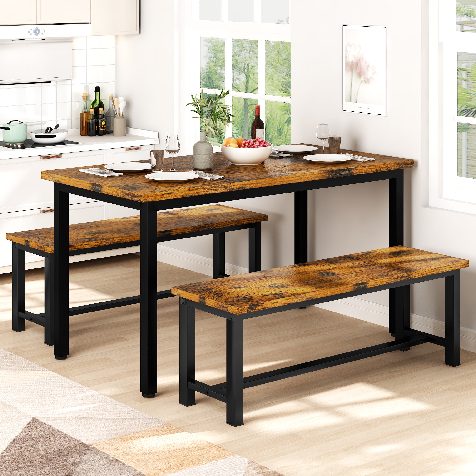 LinkRomat Dining Benches Set of 2, 39" Breakfast Nook Benches with Metal Legs, Rustic Entryway or Dining Room Bench for Small Spaces