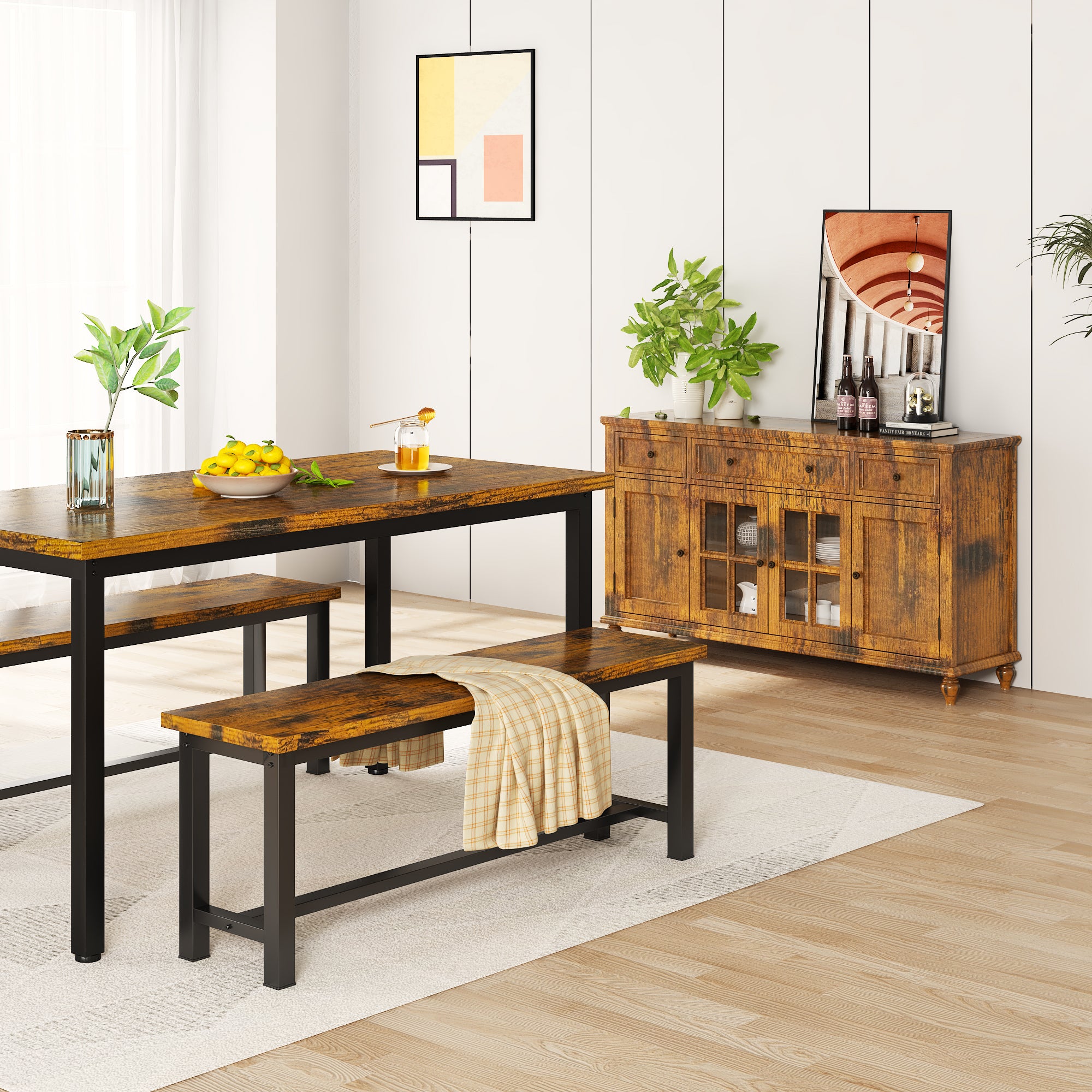 LinkRomat Dining Benches Set of 2, 39" Breakfast Nook Benches with Metal Legs, Rustic Entryway or Dining Room Bench for Small Spaces