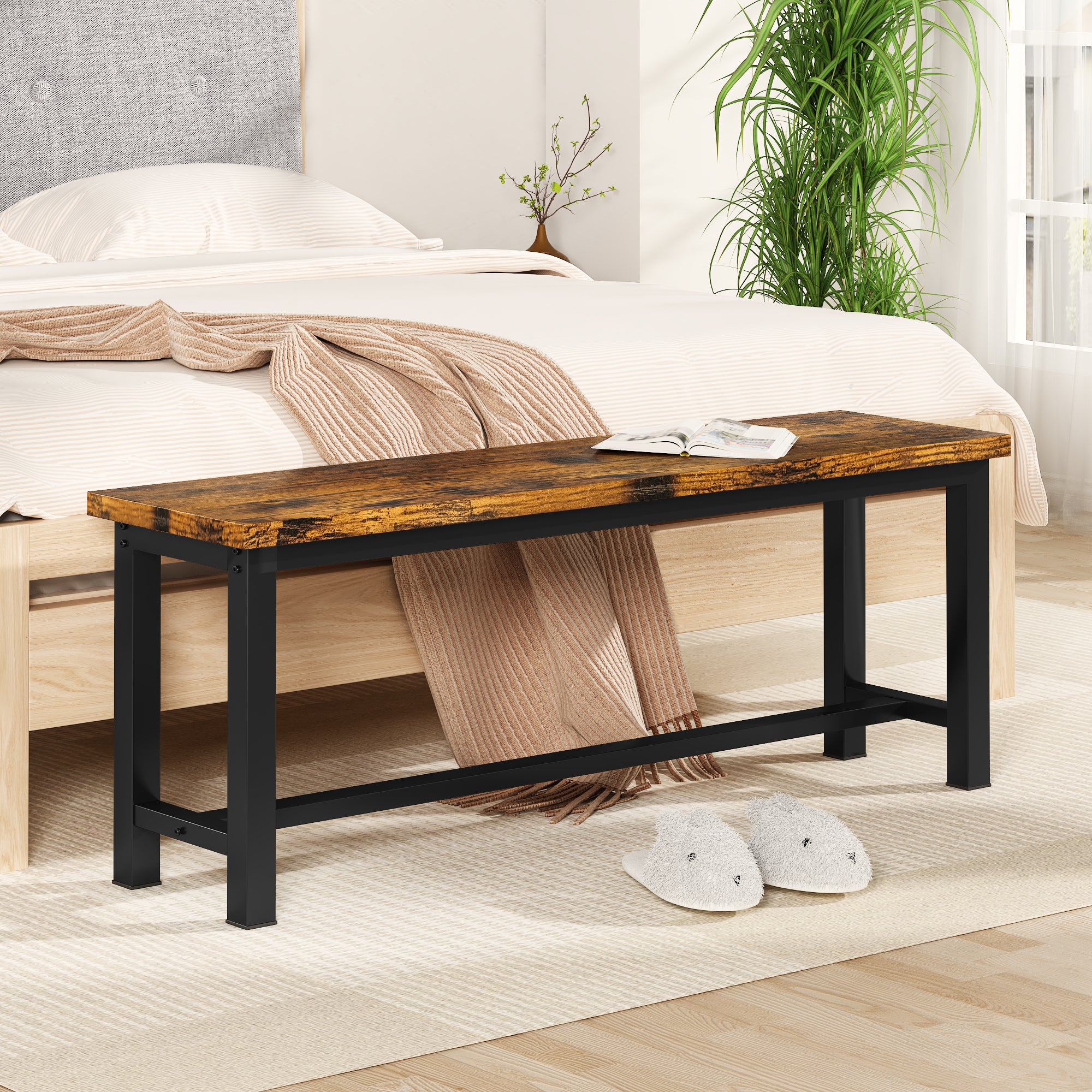 LinkRomat Dining Benches Set of 2, 39" Breakfast Nook Benches with Metal Legs, Rustic Entryway or Dining Room Bench for Small Spaces