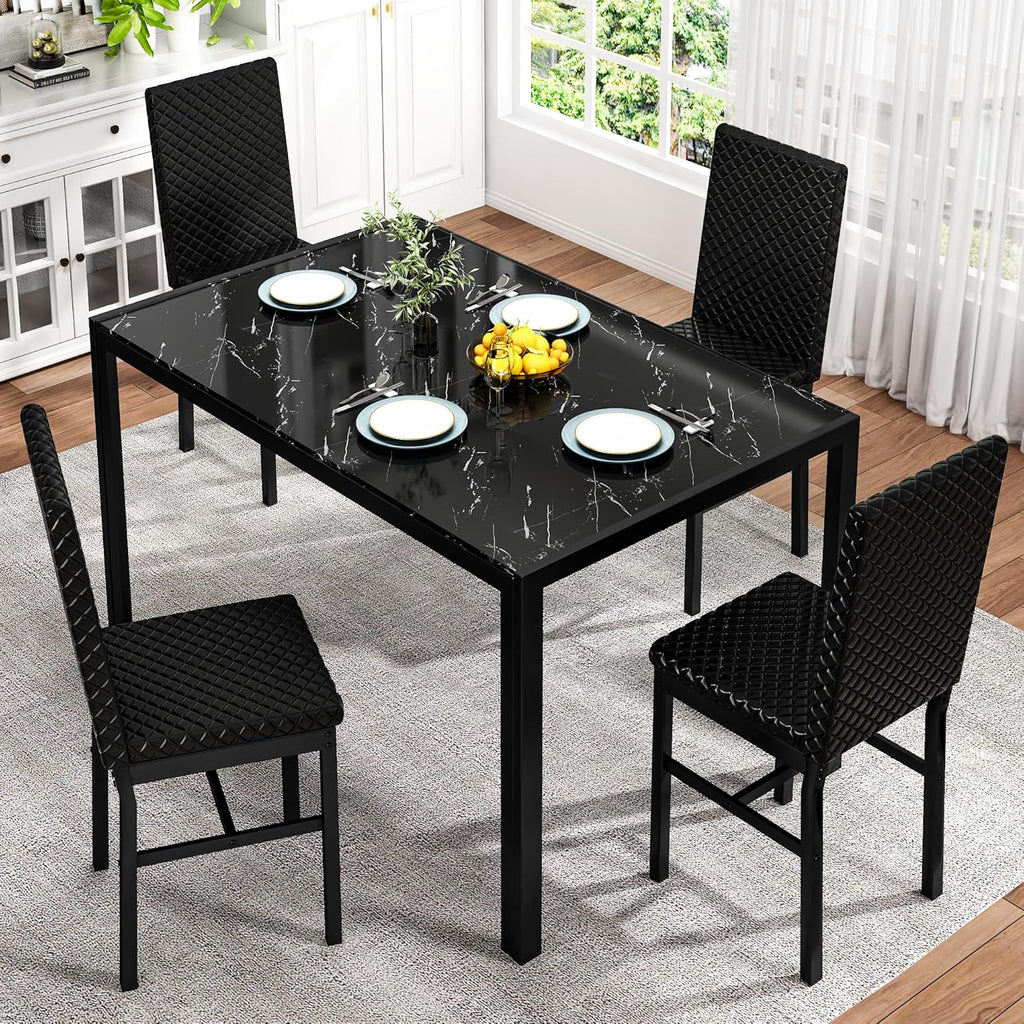 LinkRomat Dining Table Set for 4, Glass Table & PU Leather Chairs, Kitchen Tabletop and Chairs Set for Small Space, Apartment, Home Furniture, White