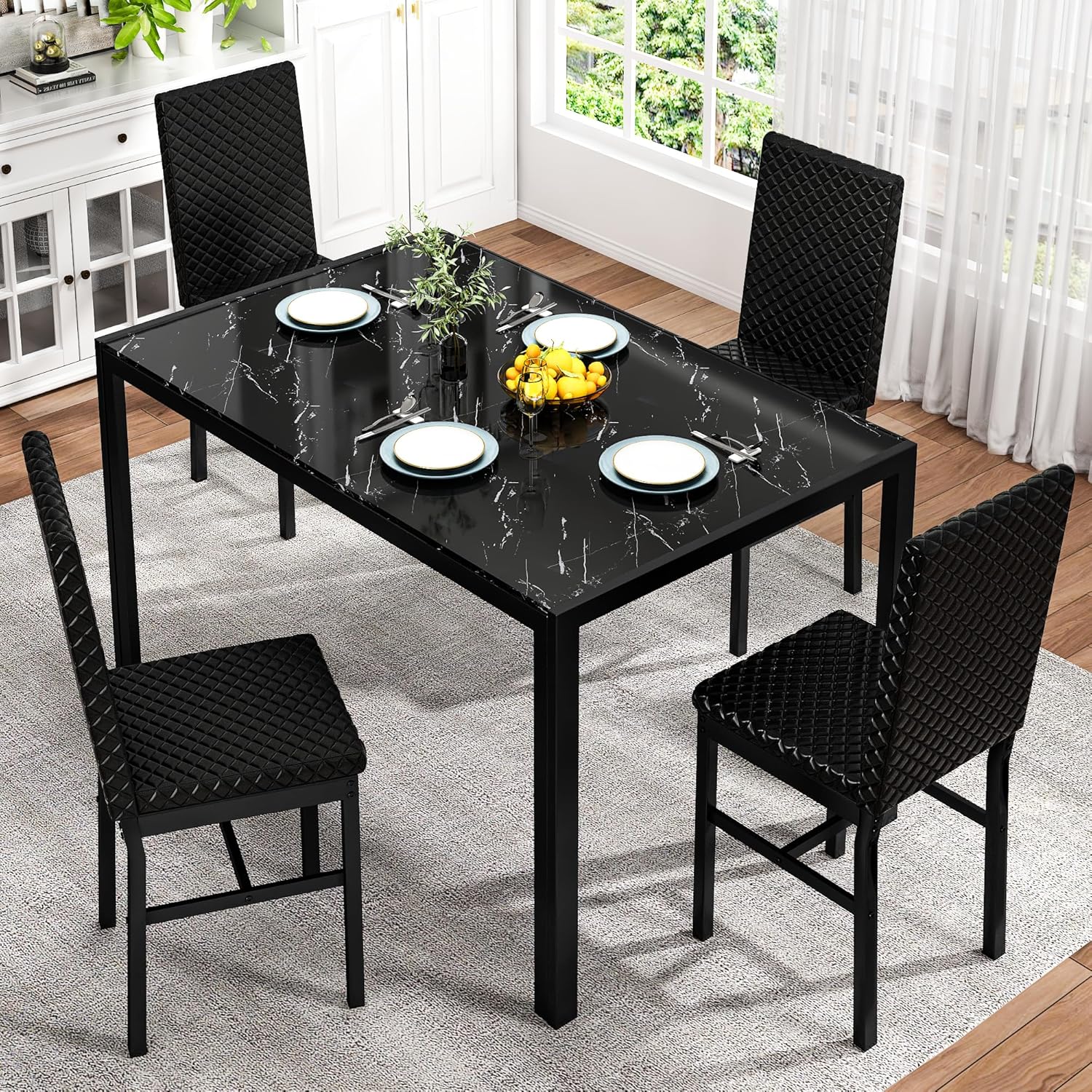LinkRomat Dining Table Set for 4, Glass Table & PU Leather Chairs, Kitchen Tabletop and Chairs Set for Small Space, Apartment, Home Furniture, White