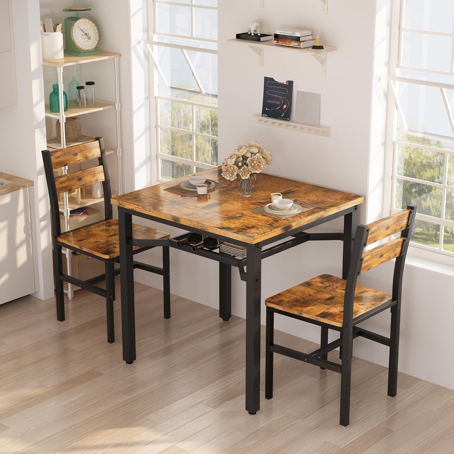 LinkRomat Small Dining Table for 2, Wooden Dinner Table with Storage, 3 Piece Farmhouse Square Dinette Set for Dining Room, Apartment, Small Space