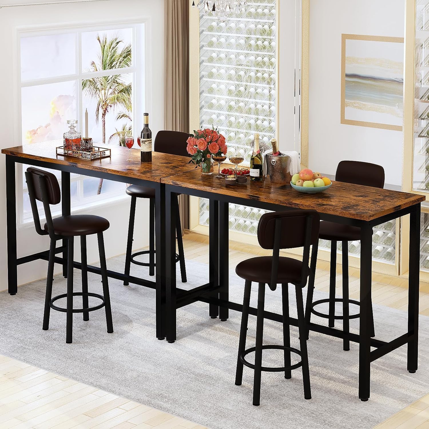 3 Piece Pub Dining Set, 24" Dining Table Set with 2 PU Leather Upholstered Stools, Square Small Space Kitchen Table Pub Set for Apartment Dining Room, Living Room