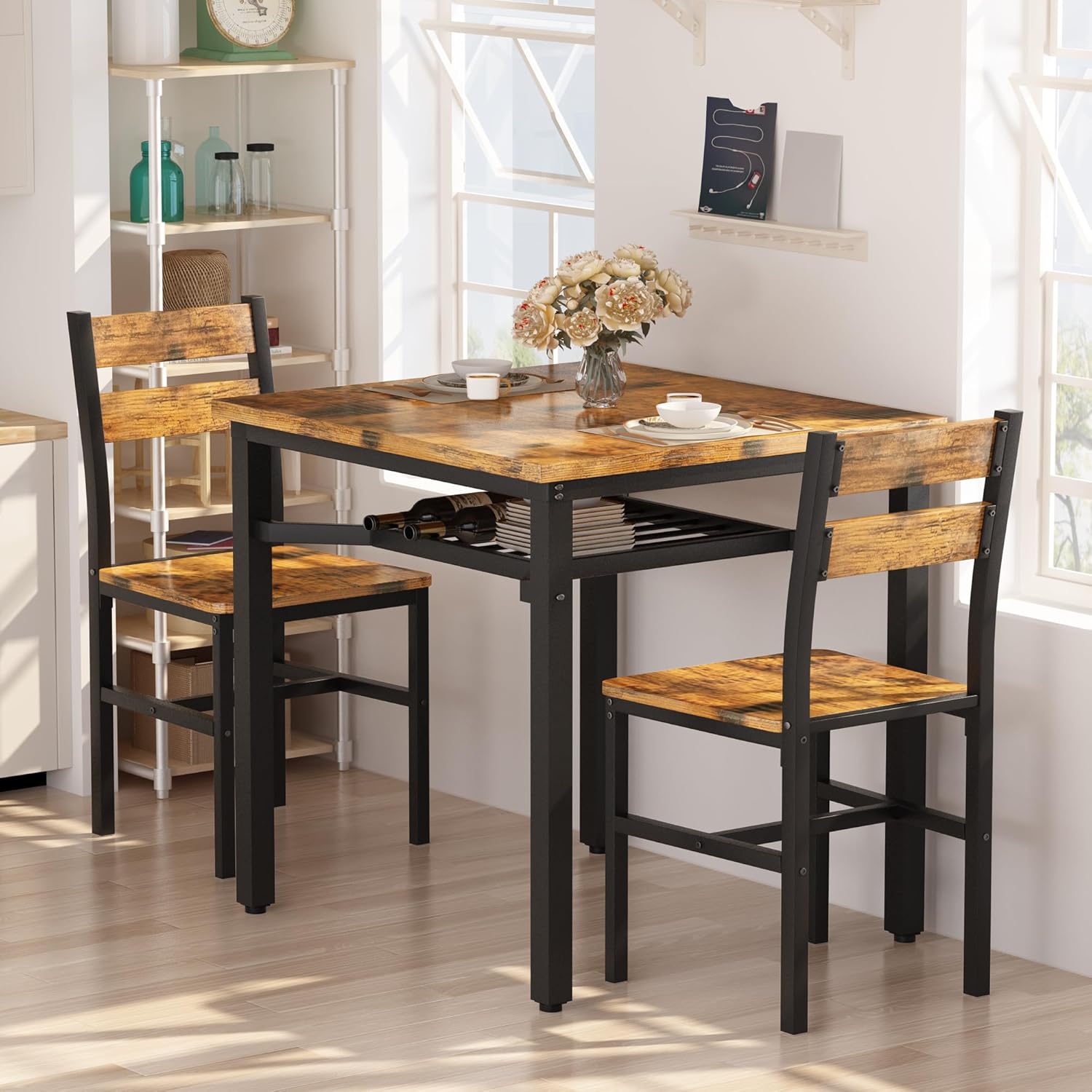 LinkRomat Small Dining Table for 2, Wooden Dinner Table with Storage, 3 Piece Farmhouse Square Dinette Set for Dining Room, Apartment, Small Space
