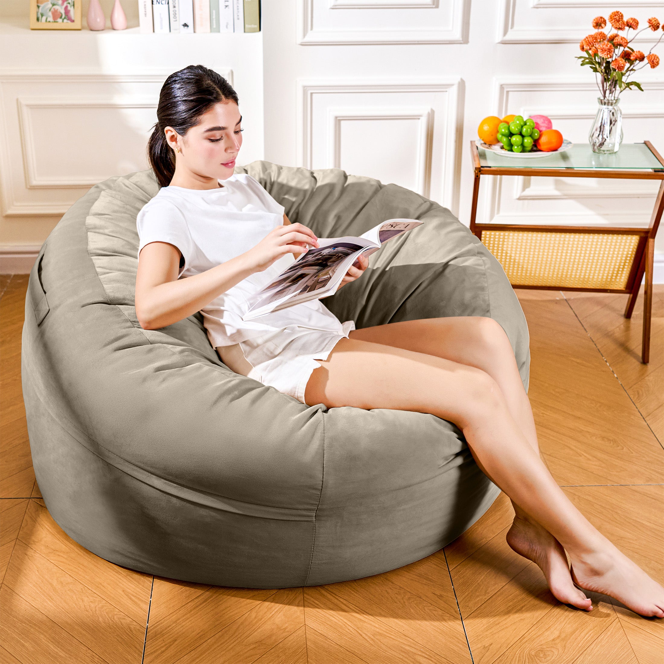 4FT Bean Bag Chair, Minimalist Bean Bag with Velvet Cover, Fluffy and Comfy Bean Bag for Adults, Bean Bag Sofa Filled with High-Density Sponge for Gaming (Yellowish Beige)