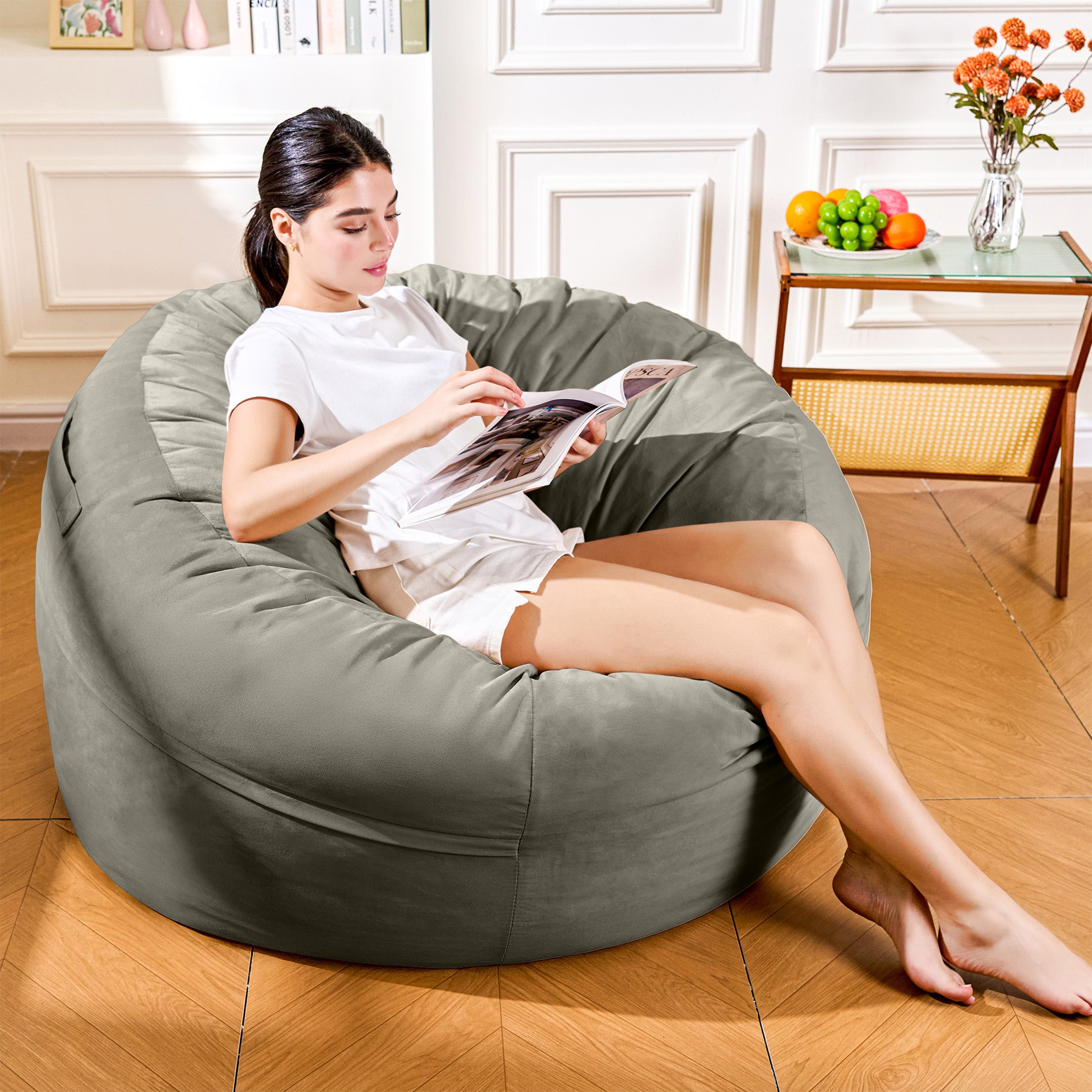 4FT Bean Bag Chair, Minimalist Bean Bag with Velvet Cover, Fluffy and Comfy Bean Bag for Adults, Bean Bag Sofa Filled with High-Density Sponge for Gaming (Yellowish Beige)