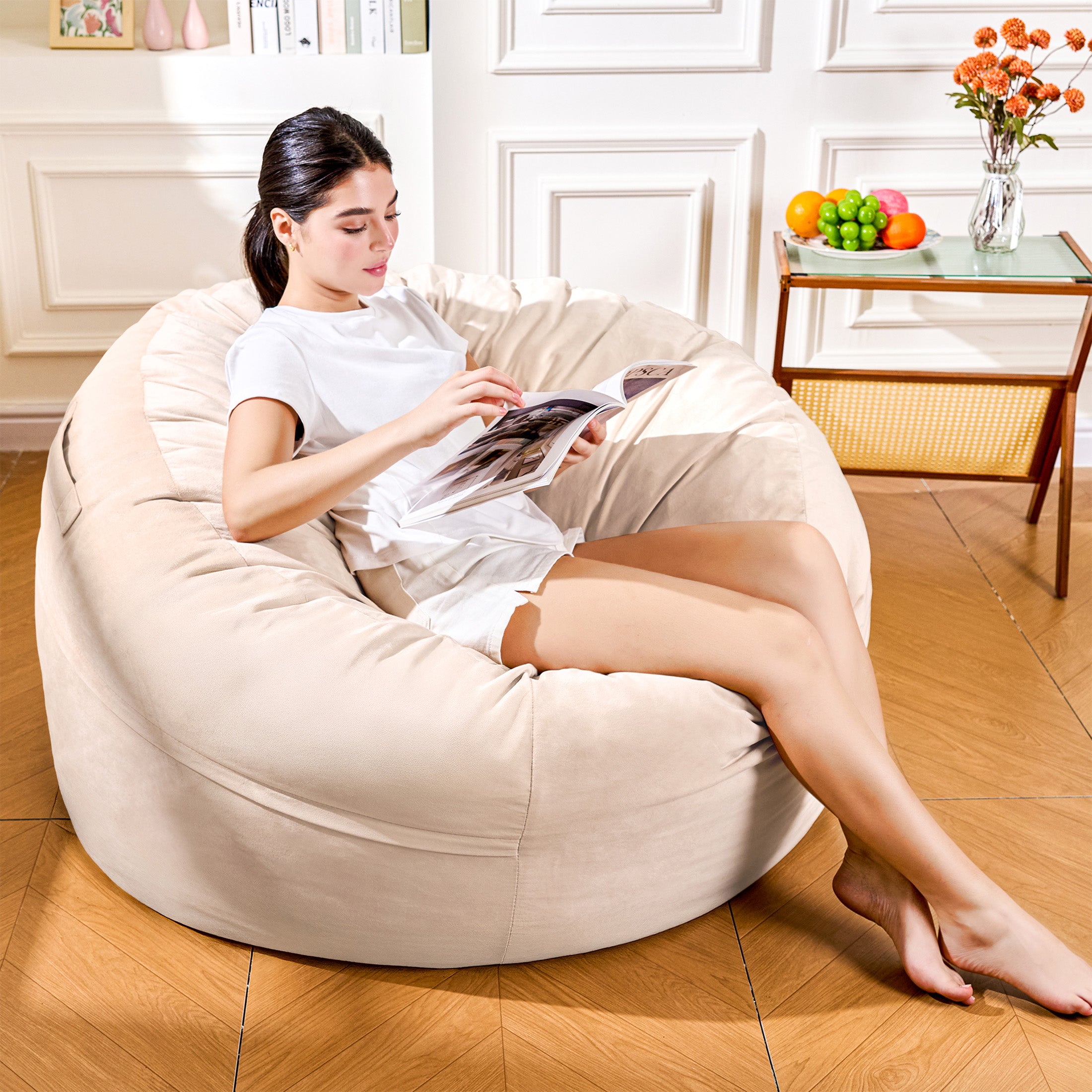 4FT Bean Bag Chair, Minimalist Bean Bag with Velvet Cover, Fluffy and Comfy Bean Bag for Adults, Bean Bag Sofa Filled with High-Density Sponge for Gaming (Yellowish Beige)