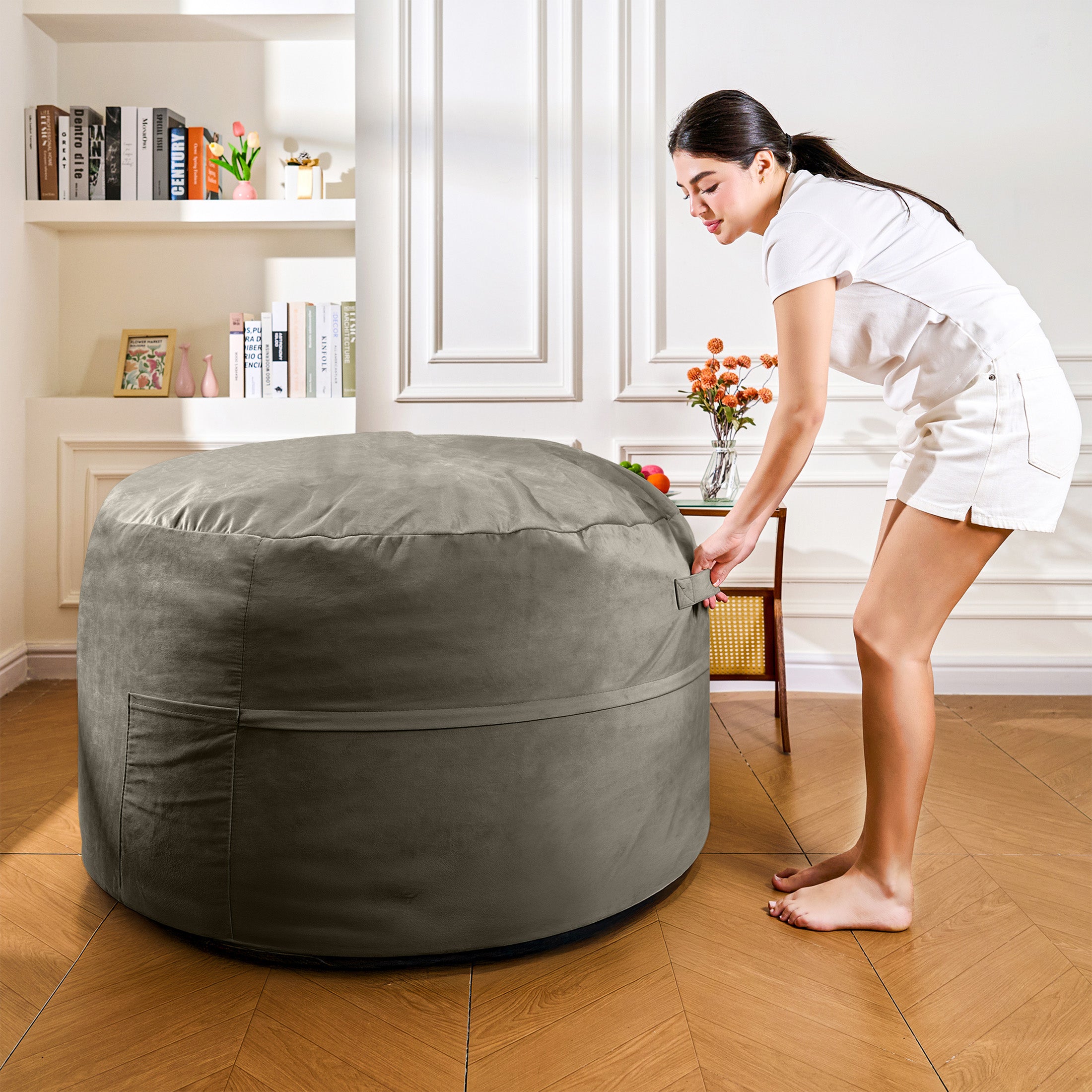 4FT Bean Bag Chair, Minimalist Bean Bag with Velvet Cover, Fluffy and Comfy Bean Bag for Adults, Bean Bag Sofa Filled with High-Density Sponge for Gaming (Yellowish Beige)