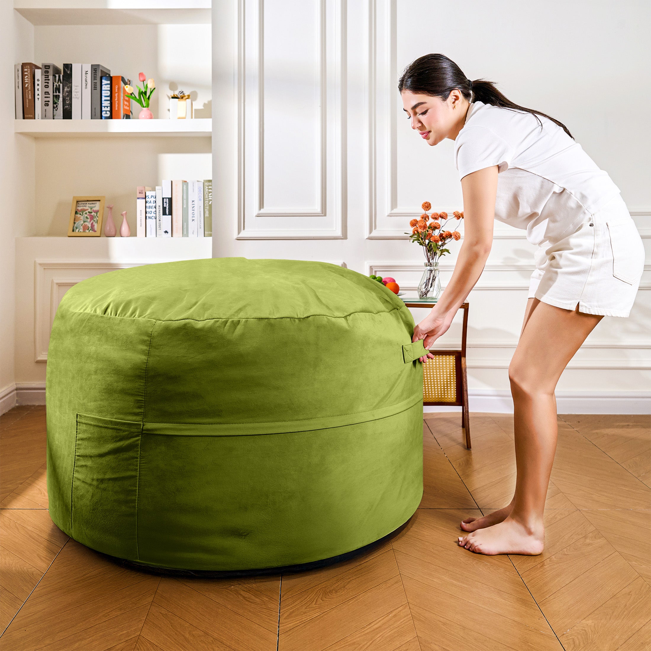 4FT Bean Bag Chair, Minimalist Bean Bag with Velvet Cover, Fluffy and Comfy Bean Bag for Adults, Bean Bag Sofa Filled with High-Density Sponge for Gaming (Yellowish Beige)