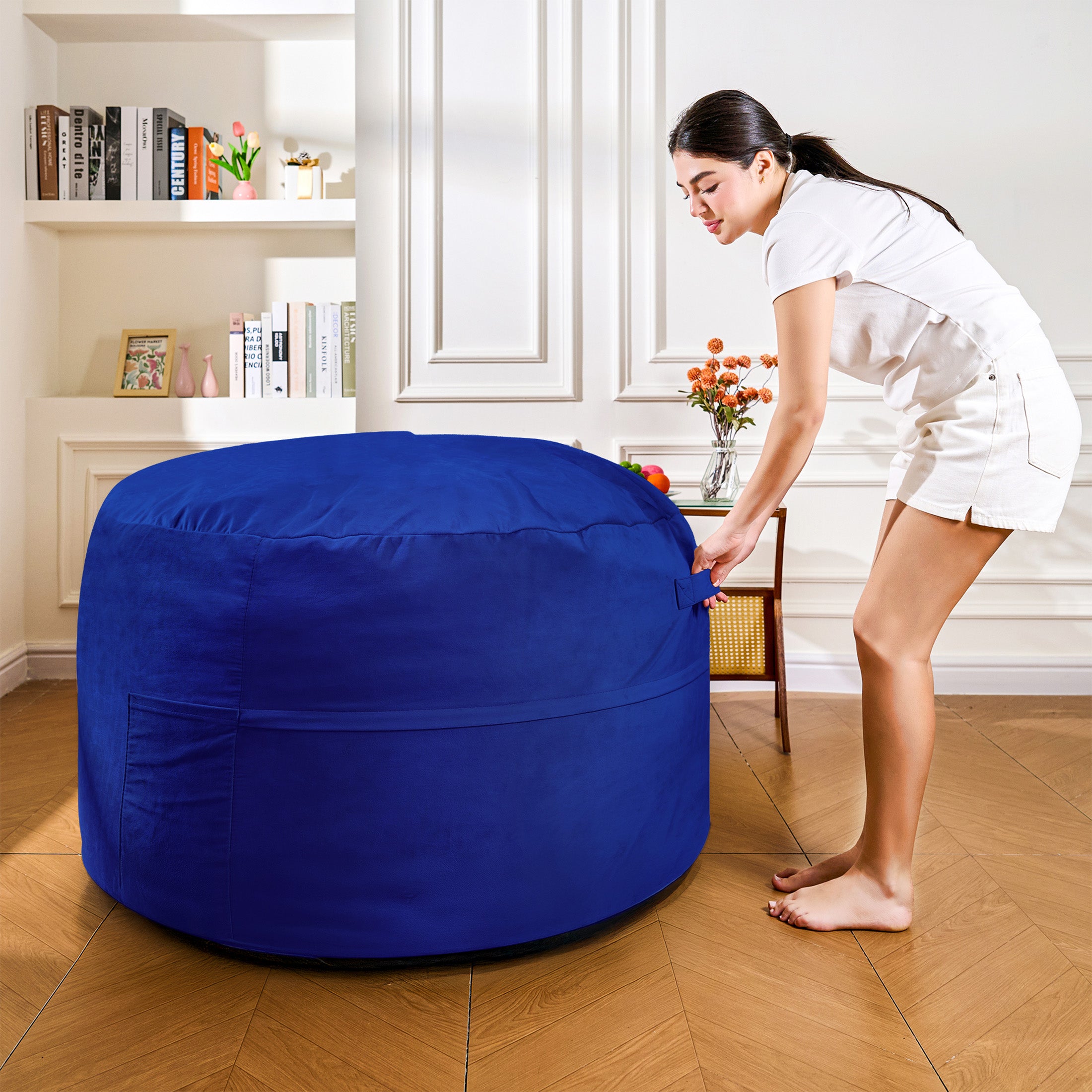 4FT Bean Bag Chair, Minimalist Bean Bag with Velvet Cover, Fluffy and Comfy Bean Bag for Adults, Bean Bag Sofa Filled with High-Density Sponge for Gaming (Yellowish Beige)