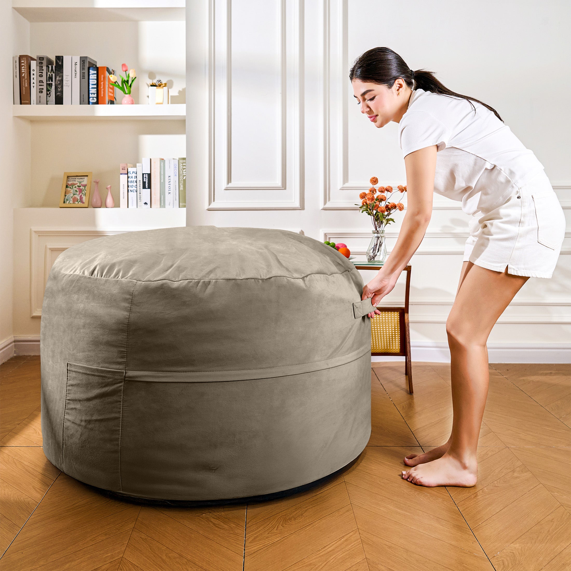4FT Bean Bag Chair, Minimalist Bean Bag with Velvet Cover, Fluffy and Comfy Bean Bag for Adults, Bean Bag Sofa Filled with High-Density Sponge for Gaming (Yellowish Beige)