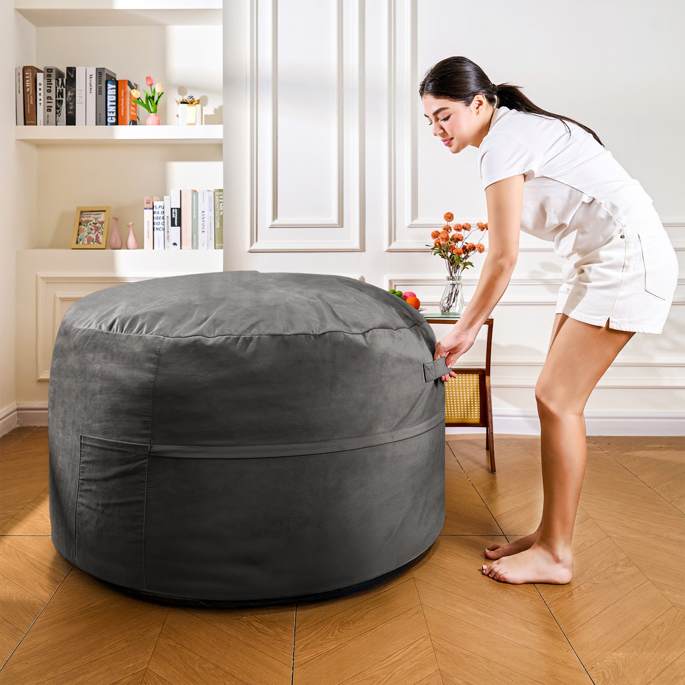 4FT Bean Bag Chair, Minimalist Bean Bag with Velvet Cover, Fluffy and Comfy Bean Bag for Adults, Bean Bag Sofa Filled with High-Density Sponge for Gaming (Yellowish Beige)