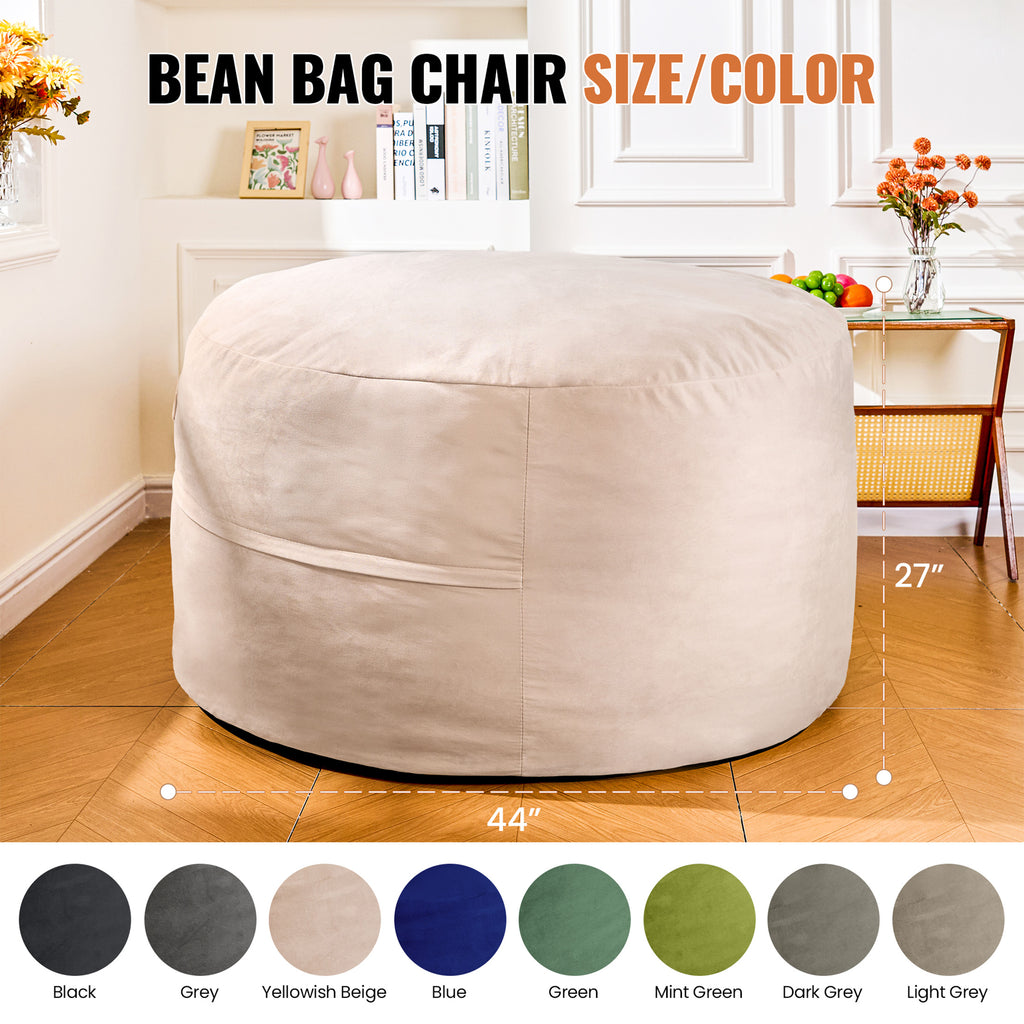 4FT Bean Bag Chair, Minimalist Bean Bag with Velvet Cover, Fluffy and Comfy Bean Bag for Adults, Bean Bag Sofa Filled with High-Density Sponge for Gaming (Yellowish Beige)