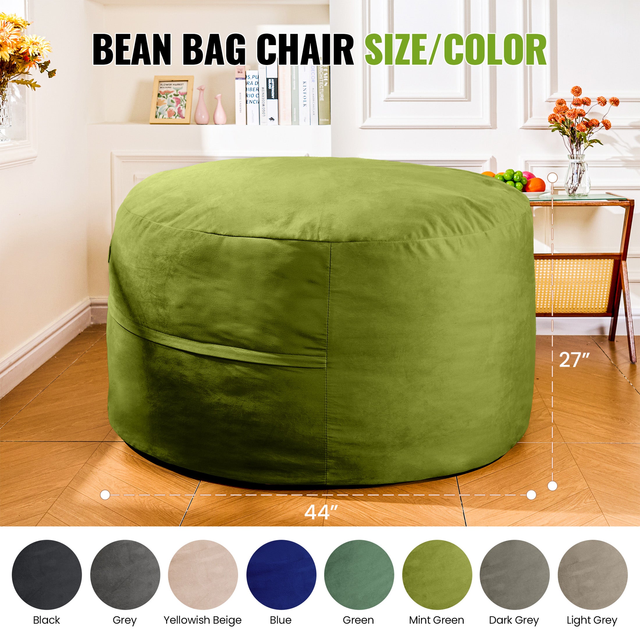 4FT Bean Bag Chair, Minimalist Bean Bag with Velvet Cover, Fluffy and Comfy Bean Bag for Adults, Bean Bag Sofa Filled with High-Density Sponge for Gaming (Yellowish Beige)