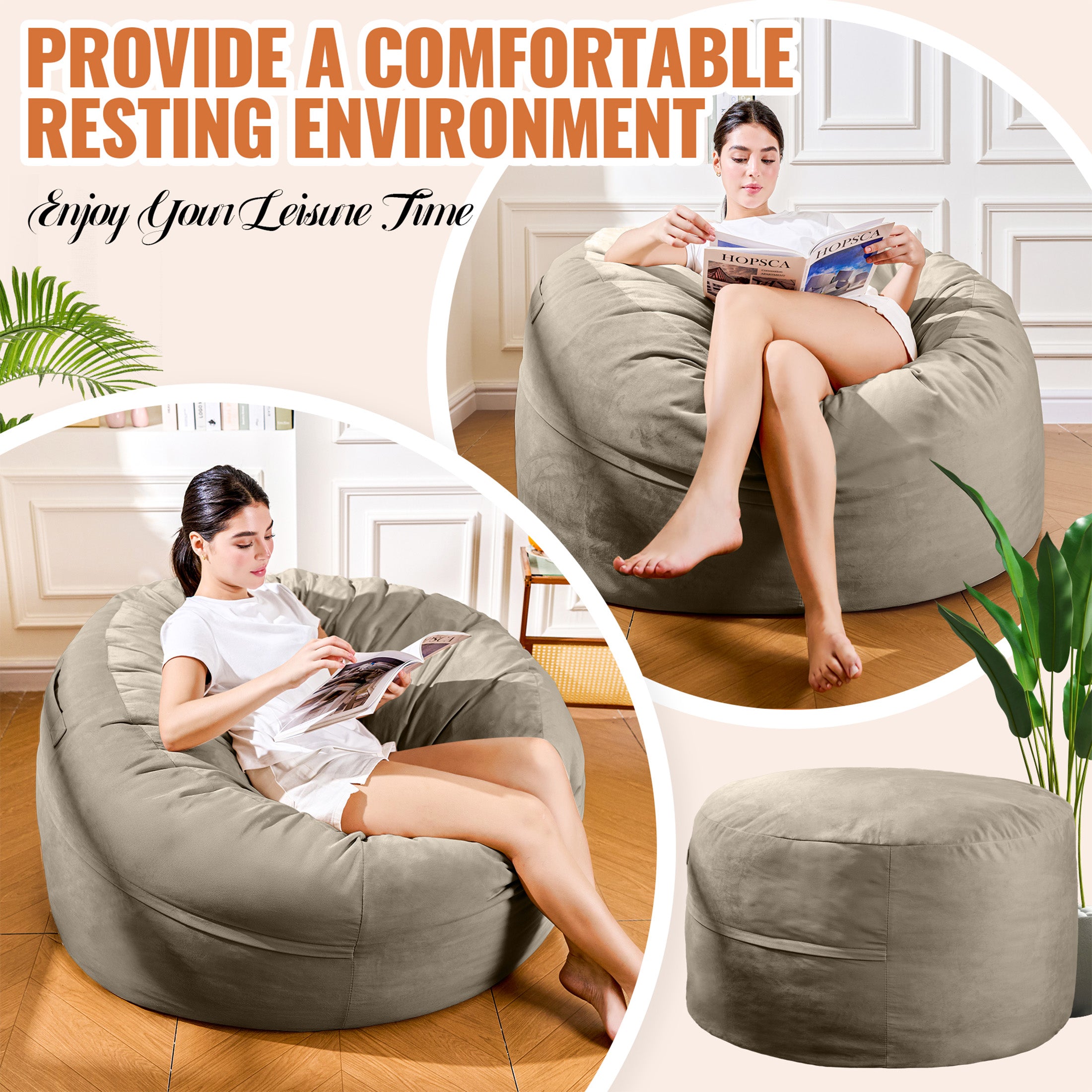 4FT Bean Bag Chair, Minimalist Bean Bag with Velvet Cover, Fluffy and Comfy Bean Bag for Adults, Bean Bag Sofa Filled with High-Density Sponge for Gaming (Yellowish Beige)