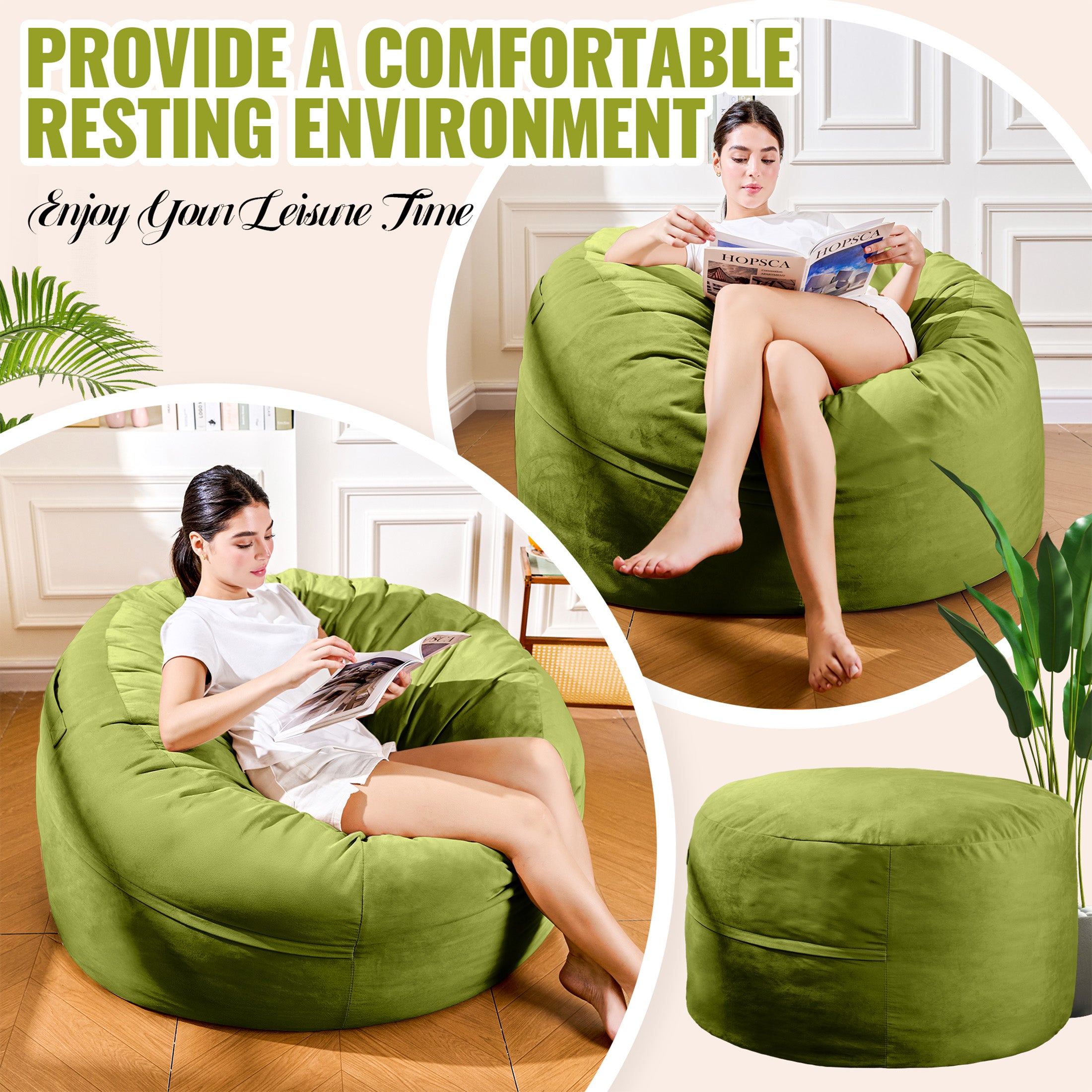 4FT Bean Bag Chair, Minimalist Bean Bag with Velvet Cover, Fluffy and Comfy Bean Bag for Adults, Bean Bag Sofa Filled with High-Density Sponge for Gaming (Yellowish Beige)