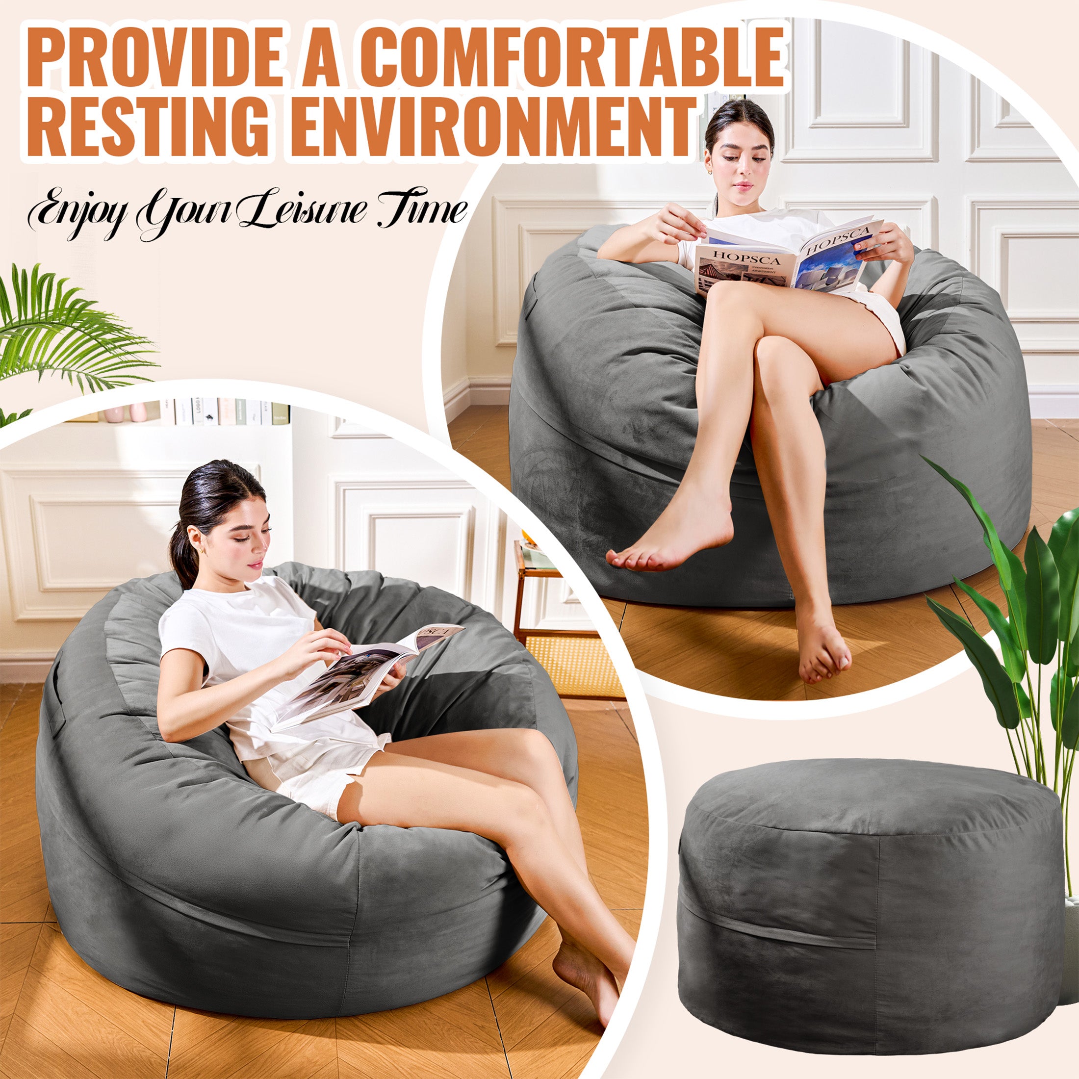 4FT Bean Bag Chair, Minimalist Bean Bag with Velvet Cover, Fluffy and Comfy Bean Bag for Adults, Bean Bag Sofa Filled with High-Density Sponge for Gaming (Yellowish Beige)