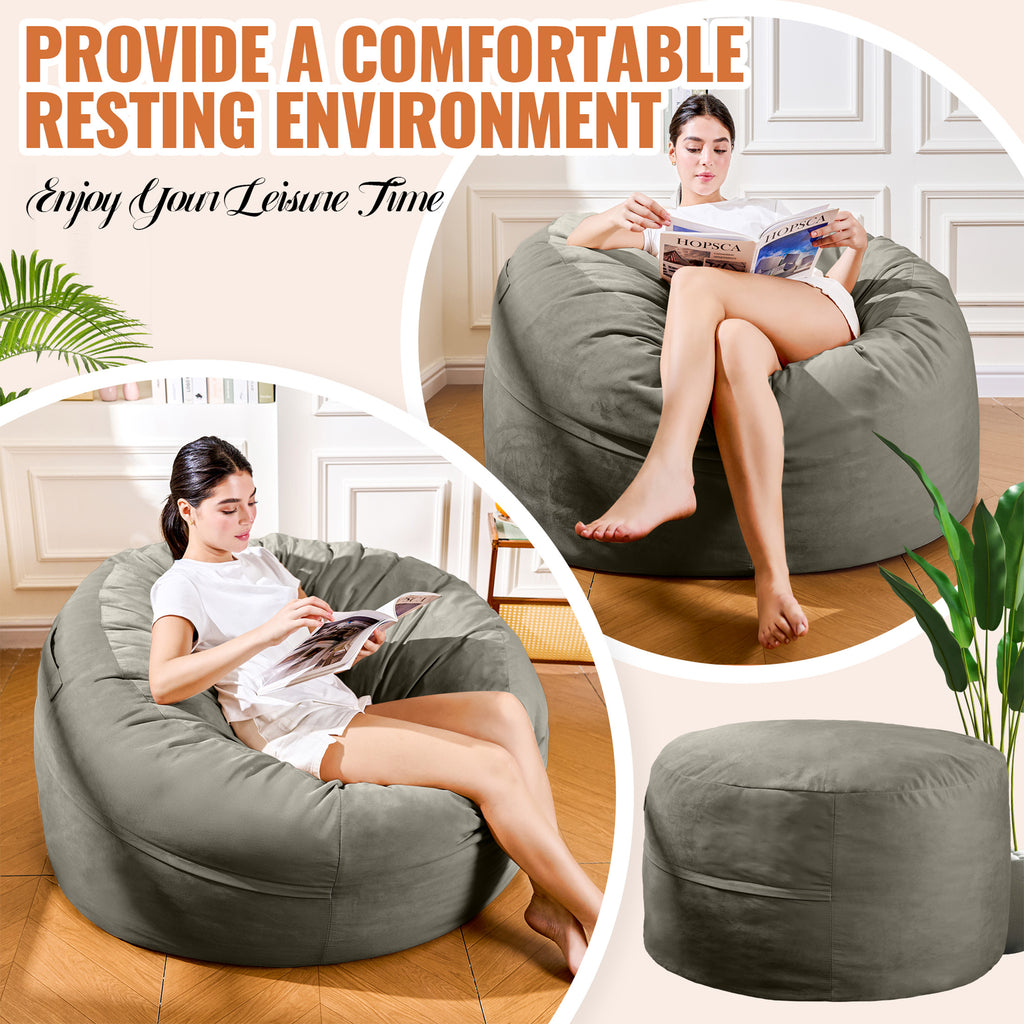 4FT Bean Bag Chair, Minimalist Bean Bag with Velvet Cover, Fluffy and Comfy Bean Bag for Adults, Bean Bag Sofa Filled with High-Density Sponge for Gaming (Yellowish Beige)