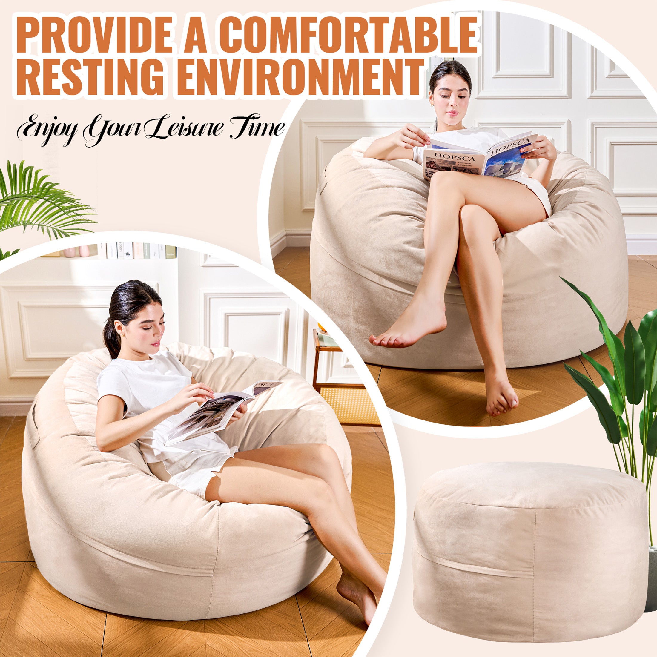4FT Bean Bag Chair, Minimalist Bean Bag with Velvet Cover, Fluffy and Comfy Bean Bag for Adults, Bean Bag Sofa Filled with High-Density Sponge for Gaming (Yellowish Beige)