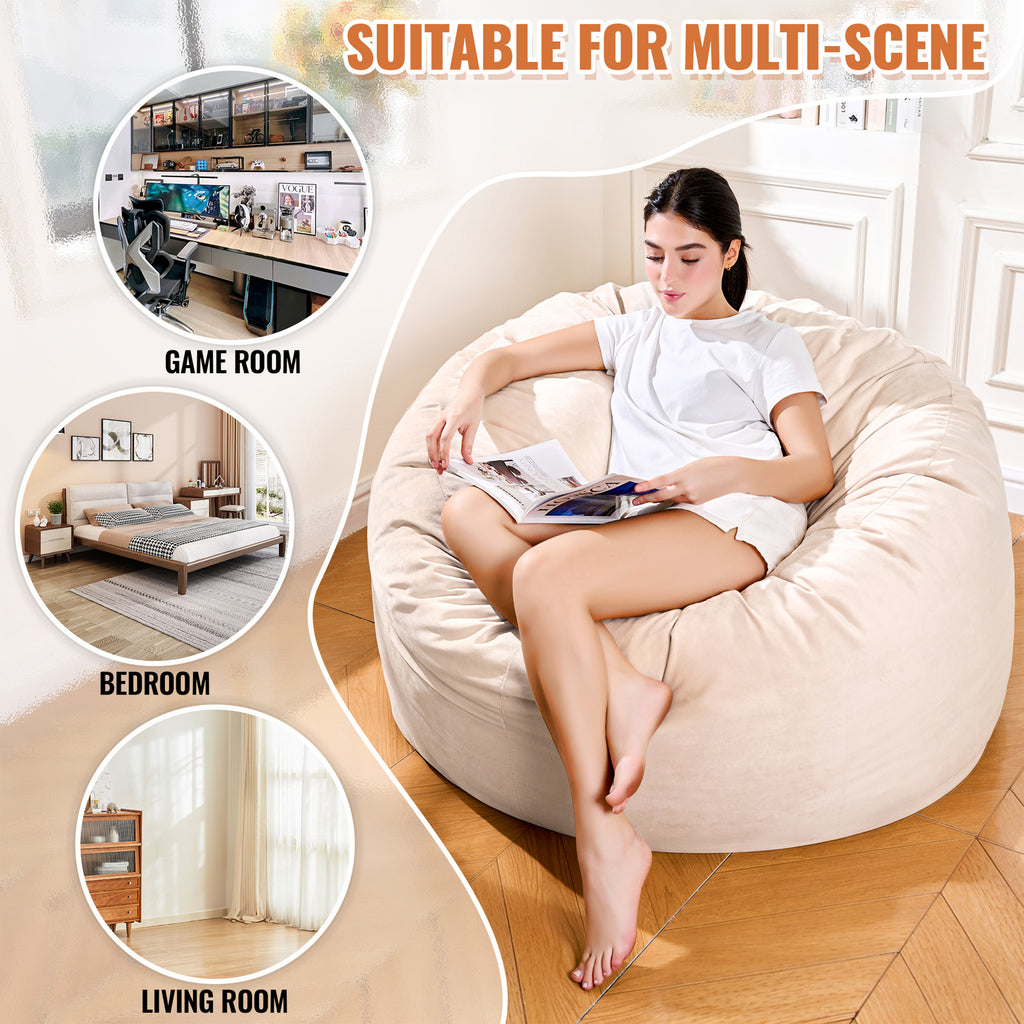 4FT Bean Bag Chair, Minimalist Bean Bag with Velvet Cover, Fluffy and Comfy Bean Bag for Adults, Bean Bag Sofa Filled with High-Density Sponge for Gaming (Yellowish Beige)