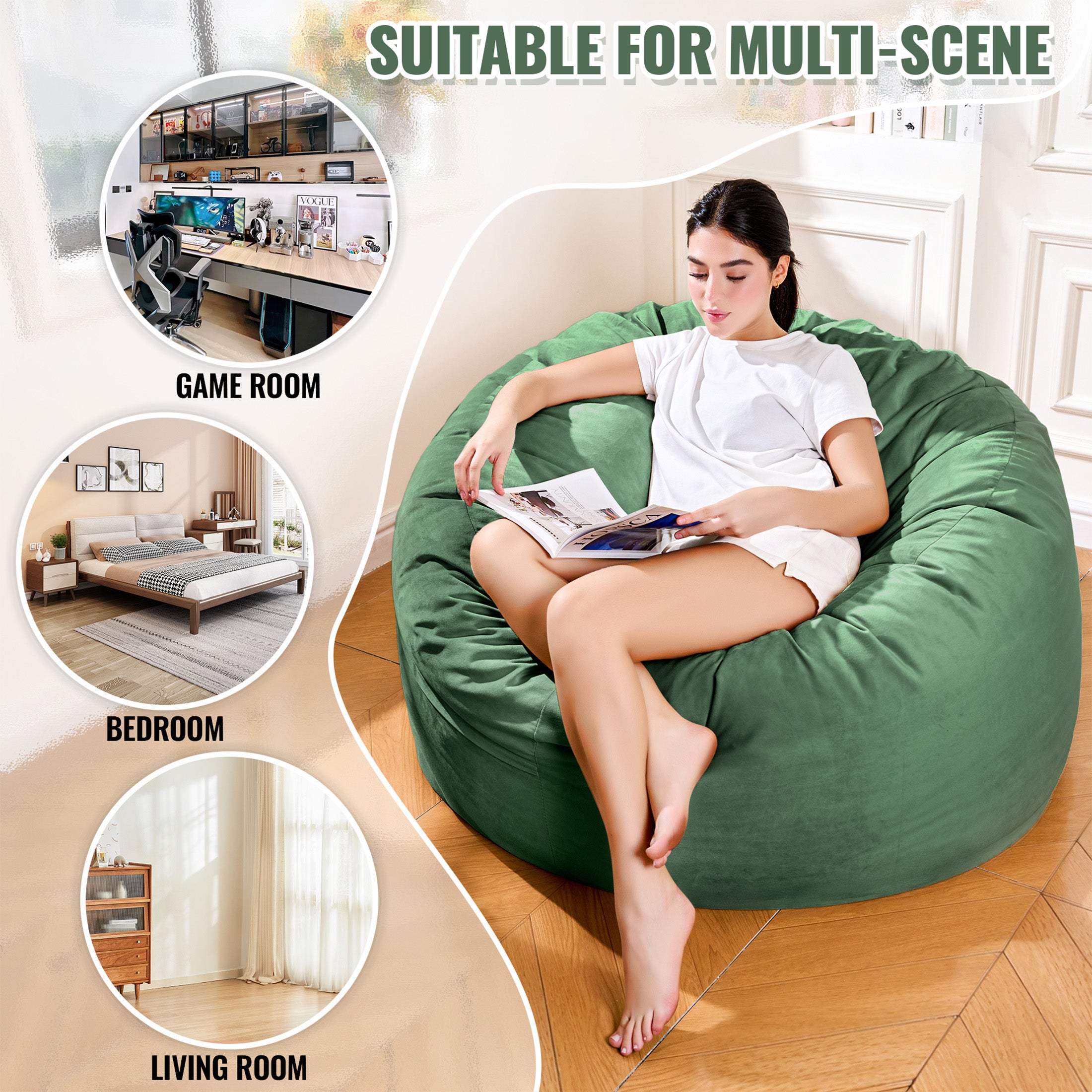 4FT Bean Bag Chair, Minimalist Bean Bag with Velvet Cover, Fluffy and Comfy Bean Bag for Adults, Bean Bag Sofa Filled with High-Density Sponge for Gaming (Yellowish Beige)